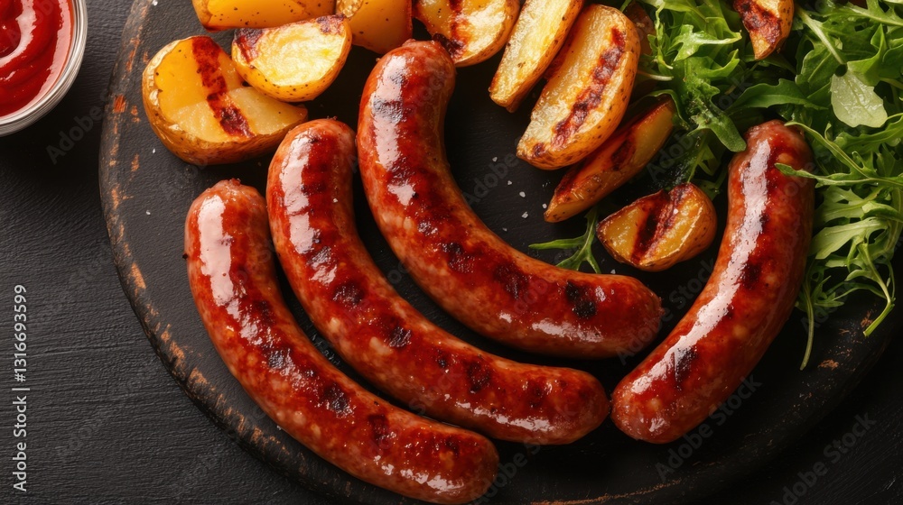 Fototapeta premium Grilled sausages and potatoes outdoor bbq food photography summer