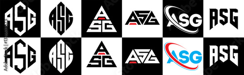 ASG letter logo design in six style. ASG polygon, circle, triangle, hexagon, flat and simple style with black and white color variation letter logo set in one artboard. ASG minimalist and classic logo