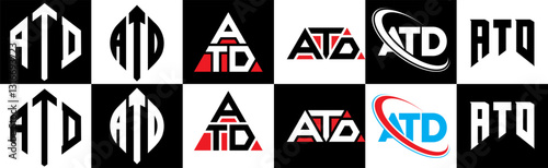 ATD letter logo design in six style. ATD polygon, circle, triangle, hexagon, flat and simple style with black and white color variation letter logo set in one artboard. ATD minimalist and classic logo