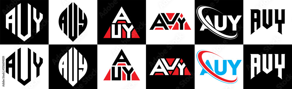 Obraz premium AUY letter logo design in six style. AUY polygon, circle, triangle, hexagon, flat and simple style with black and white color variation letter logo set in one artboard. AUY minimalist and classic logo
