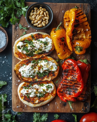 Grilled Vegetable Bruschetta Topped With Yogurt and Herbs on a Wooden Board a...