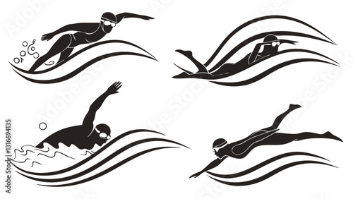Set of Swimming Silhouettes Illustrating Different Swimming Strokes – Freestyle, Butterfly, Backstroke, and Breaststroke – Black and White Vector Icons
