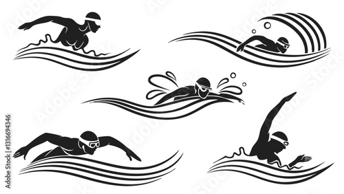 Set of Swimming Silhouettes Illustrating Different Swimming Strokes – Freestyle, Butterfly, Backstroke, and Breaststroke – Black and White Vector Icons
