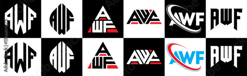 AWF letter logo design in six style. AWF polygon, circle, triangle, hexagon, flat and simple style with black and white color variation letter logo set in one artboard. AWF minimalist and classic logo