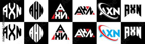 AXN letter logo design in six style. AXN polygon, circle, triangle, hexagon, flat and simple style with black and white color variation letter logo set in one artboard. AXN minimalist and classic logo