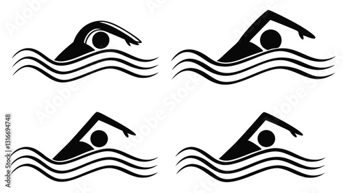 Set of Swimming Silhouettes Illustrating Different Swimming Strokes – Freestyle, Butterfly, Backstroke, and Breaststroke – Black and White Vector Icons
