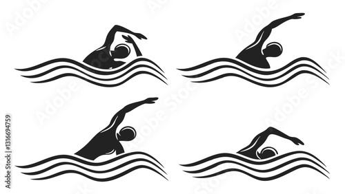 Set of Swimming Silhouettes Illustrating Different Swimming Strokes – Freestyle, Butterfly, Backstroke, and Breaststroke – Black and White Vector Icons
