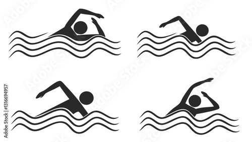 Set of Swimming Silhouettes Illustrating Different Swimming Strokes – Freestyle, Butterfly, Backstroke, and Breaststroke – Black and White Vector Icons
