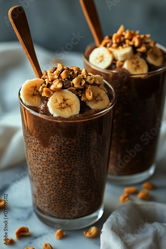 Chocolate Banana Parfait With Nuts Served in Glasses on a Wooden Table