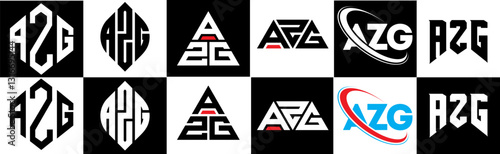 AZG letter logo design in six style. AZG polygon, circle, triangle, hexagon, flat and simple style with black and white color variation letter logo set in one artboard. AZG minimalist and classic logo