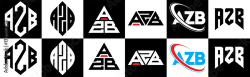 AZB letter logo design in six style. AZB polygon, circle, triangle, hexagon, flat and simple style with black and white color variation letter logo set in one artboard. AZB minimalist and classic logo