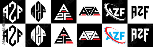 AZF letter logo design in six style. AZF polygon, circle, triangle, hexagon, flat and simple style with black and white color variation letter logo set in one artboard. AZF minimalist and classic logo
