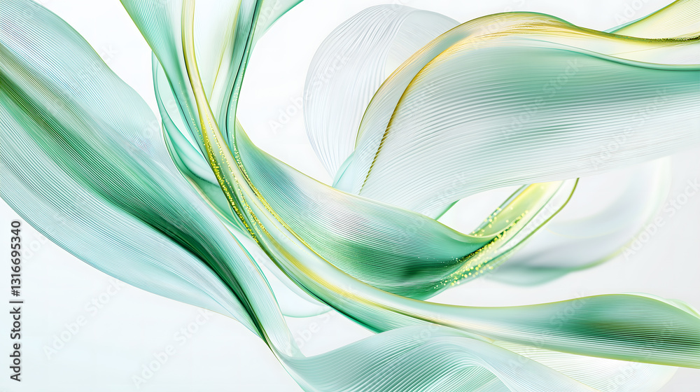 Fototapeta premium Abstract image featuring flowing, translucent ribbons in shades of green and yellow, creating a dynamic and ethereal visual effect.