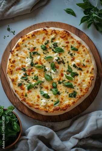 Freshly Baked White Pizza Topped With Basil on a Wooden Serving Board in a Co...
