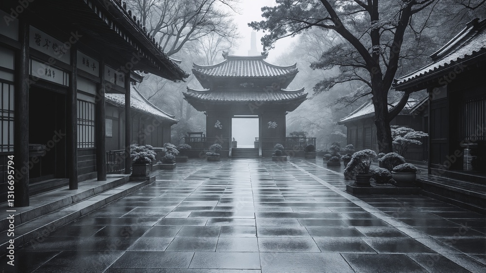 Obraz premium Echoes of the Rising Sun: Traditional Japanese Architecture Amidst Serene Landscapes