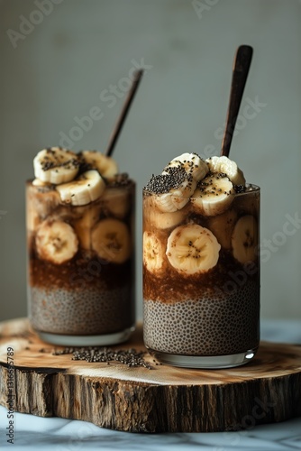 Delicious Chia Pudding Topped With Fresh Banana Slices and Served in Clear Gl...