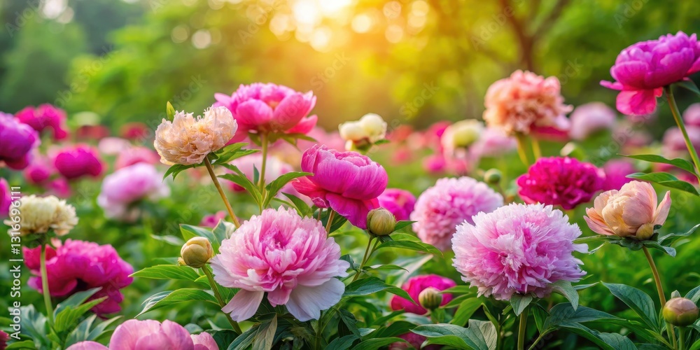 A lush peony garden with blooming flowers and foliage in full color, flower field, flowers, flower field A lush peony garden with blooming flowers and foliage in full color, flower field, flowers, flower field