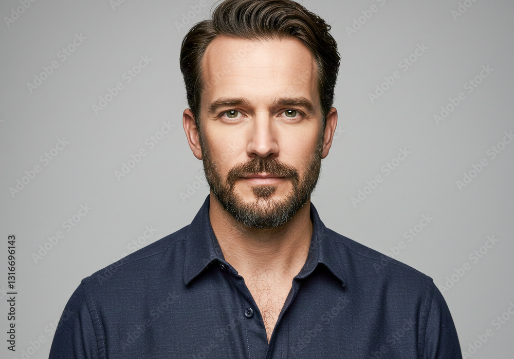 A confident man with short brown hair and a well-groomed beard wears a navy blue shirt against a neutral background, exuding charm and sophistication. A confident man with short brown hair and a well-groomed beard wears a navy blue shirt against a neutral background, exuding charm and sophistication.