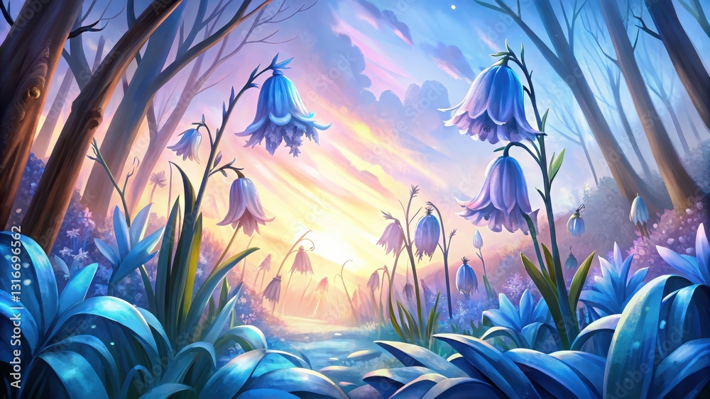Bluebell Flowers Peeking Through Dawn Light in a Dreamy Landscape Bluebell Flowers Peeking Through Dawn Light in a Dreamy Landscape