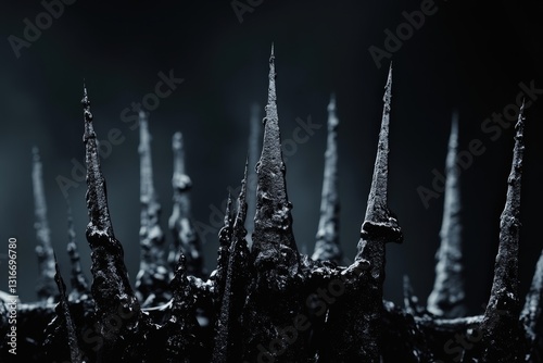 Sharp and dark metallic spikes are pointing upwards towards the sky
