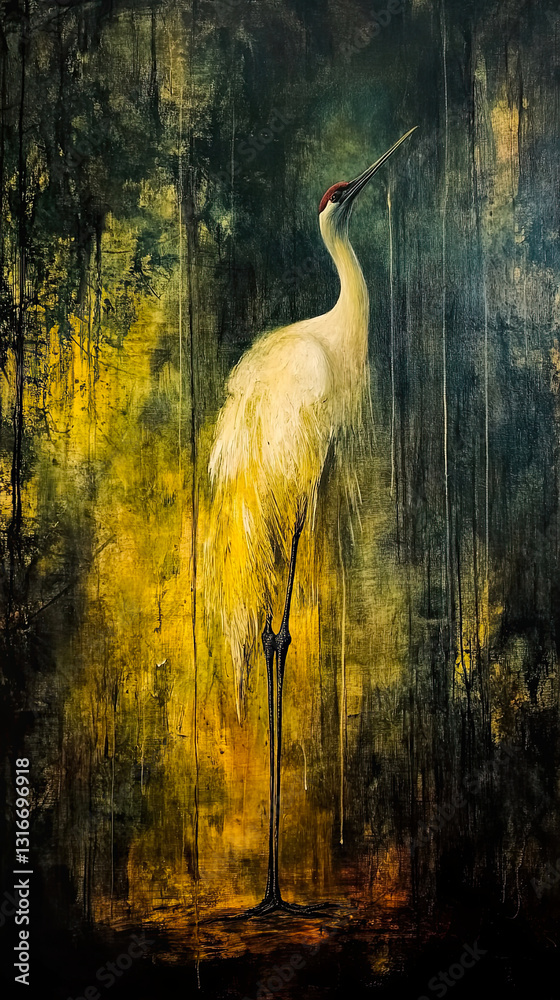 Fototapeta premium Majestic Japanese Crane in Baroque Style Showcasing Grace and Movement on a Vibrant Canvas