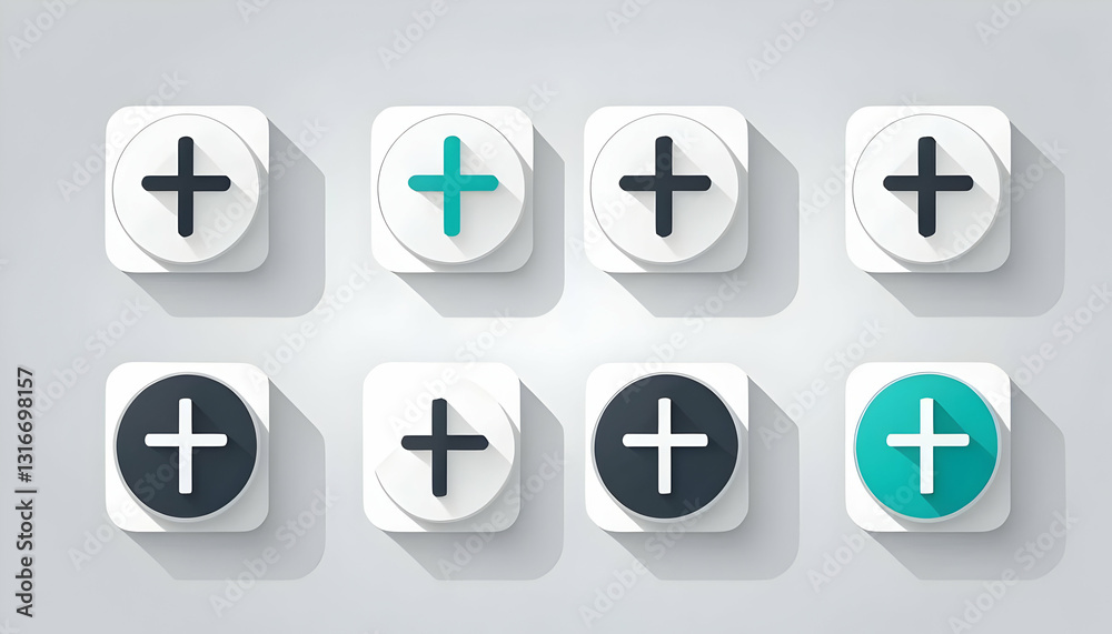 Modern Plus Symbols with Shadow Effect and Color Variants on Grid Modern Plus Symbols with Shadow Effect and Color Variants on Grid