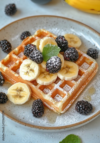 Waffle Topped With Banana Slices and Blackberries on a Plate Decorated With M...
