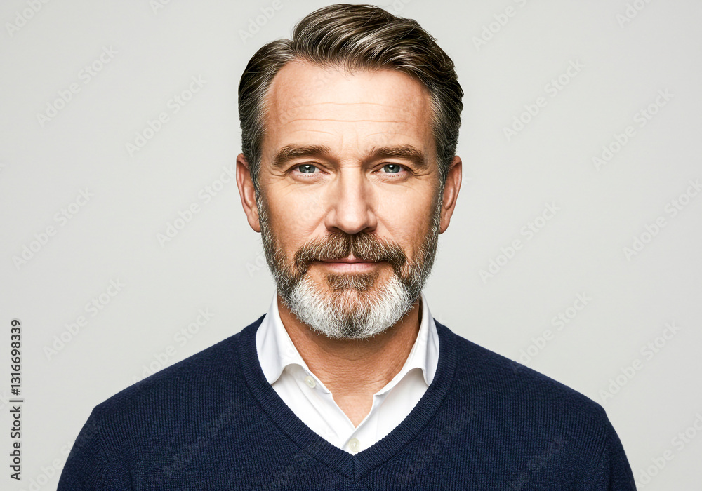 Obraz premium A distinguished middle-aged man with a well-groomed salt-and-pepper beard and neatly styled hair, wearing a navy sweater over a white collared shirt. He has a confident and composed expression.