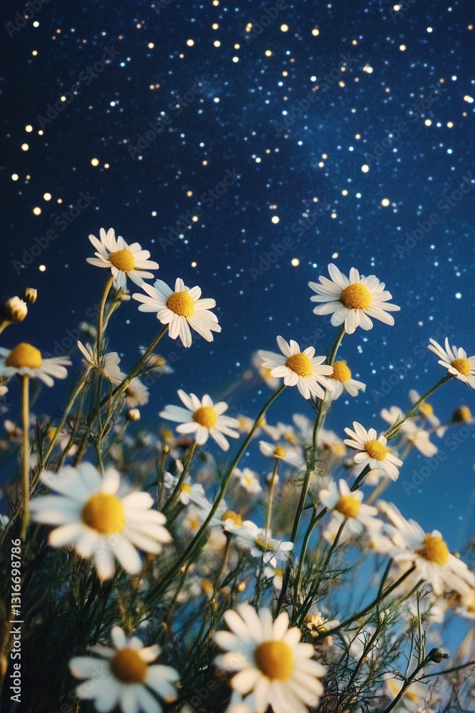 Chamomile blossoms under a starry sky, with a gentle breeze swaying the flowers Chamomile blossoms under a starry sky, with a gentle breeze swaying the flowers