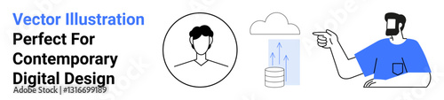 Avatar portrait, cloud above database, and a person gesturing in blue minimal style. Ideal for digital profile, tech solutions, innovation, data transfer, teamwork, modern design flat landing page