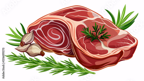 Raw pork meat with rosemary and peppercorn isolated on white background