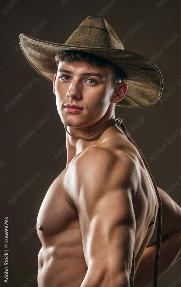 a person wearing a large, wide-brimmed hat and suspenders. The individual is shirtless, highlighting muscular shoulders and arms. The background is a solid, dark color.
