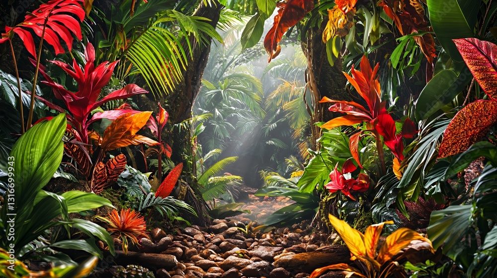 Fototapeta premium Lush Tropical Rainforest Path with Vibrant Red and Green Plants