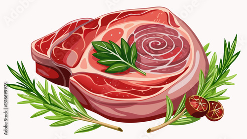 Raw pork meat with rosemary and peppercorn isolated on white background