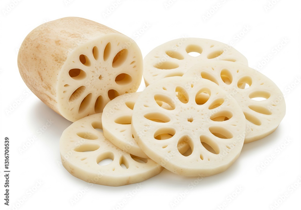 Freshly sliced lotus root displays intricate patterns against a bright white background. AI Generated Freshly sliced lotus root displays intricate patterns against a bright white background. AI Generated
