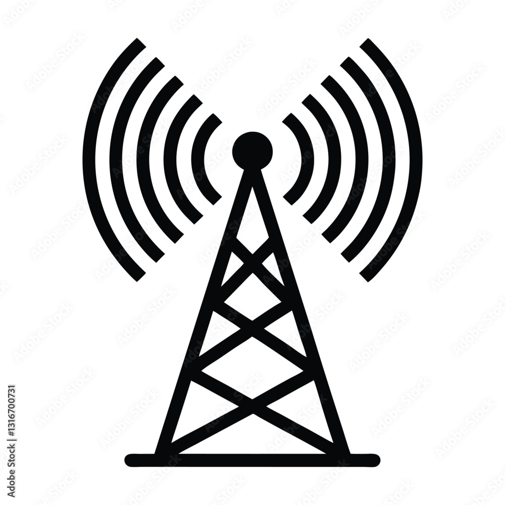Illustration of a black communication tower with radiating signal waves around it. Digital networks Graphic resource for design Illustration of a black communication tower with radiating signal waves around it. Digital networks Graphic resource for design