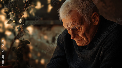 Elderly man lost in deep thought, melancholic but wise expression, natural background, hyper-realistic lighting