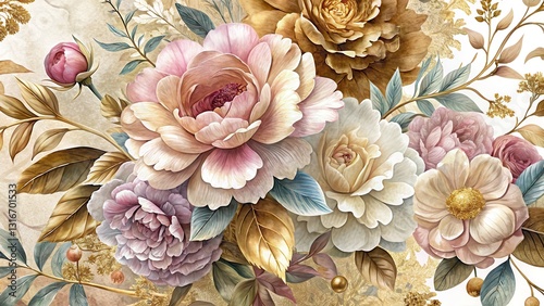 Elegant Muted Floral Arrangement with Dusty Gold Accents Background