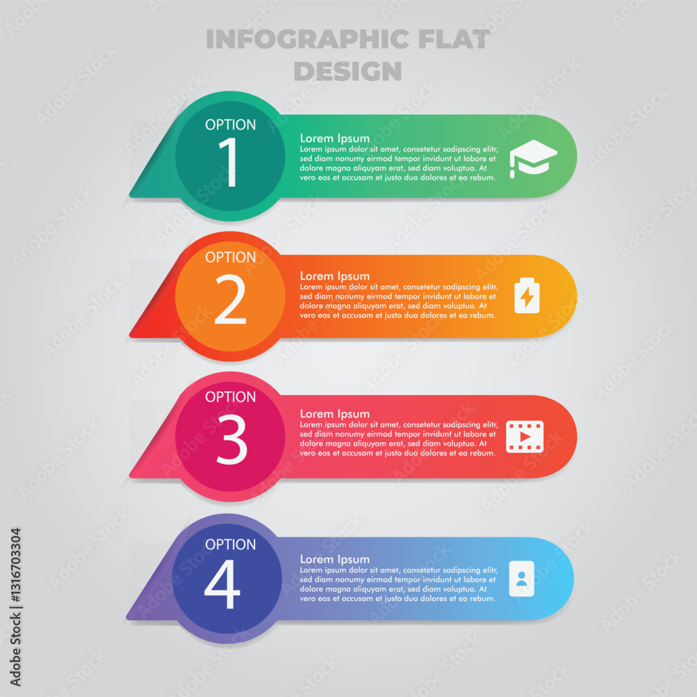 Four-option infographic design, flat style, gray background, website use Four-option infographic design, flat style, gray background, website use