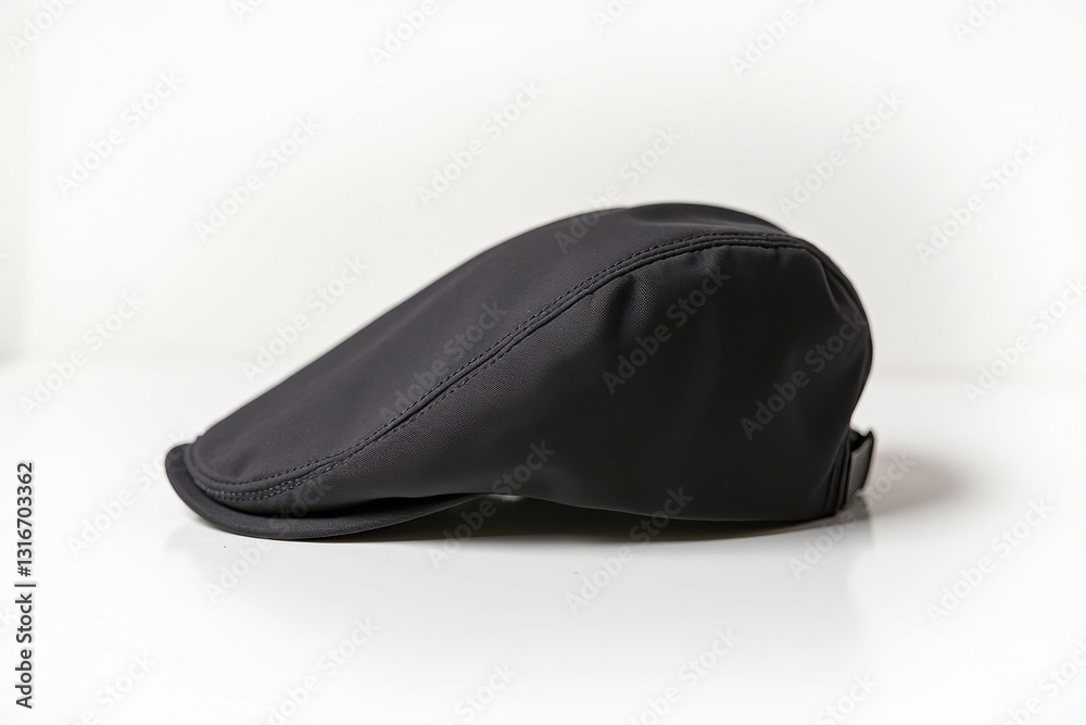 Stylish black cap resting on a white surface Stylish black cap resting on a white surface