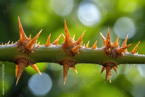 Close up macro photograph of a thorny green plant stem