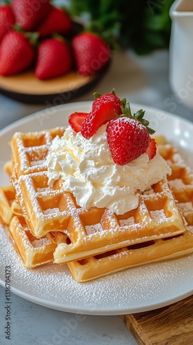 Delicious Homemade Waffles Topped With Fresh Strawberries and Whipped Cream a...