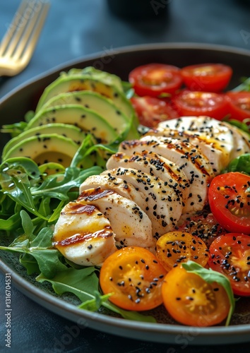 Fresh Salad With Grilled Chicken, Avocado, and Assorted Tomatoes on a Dark Plate