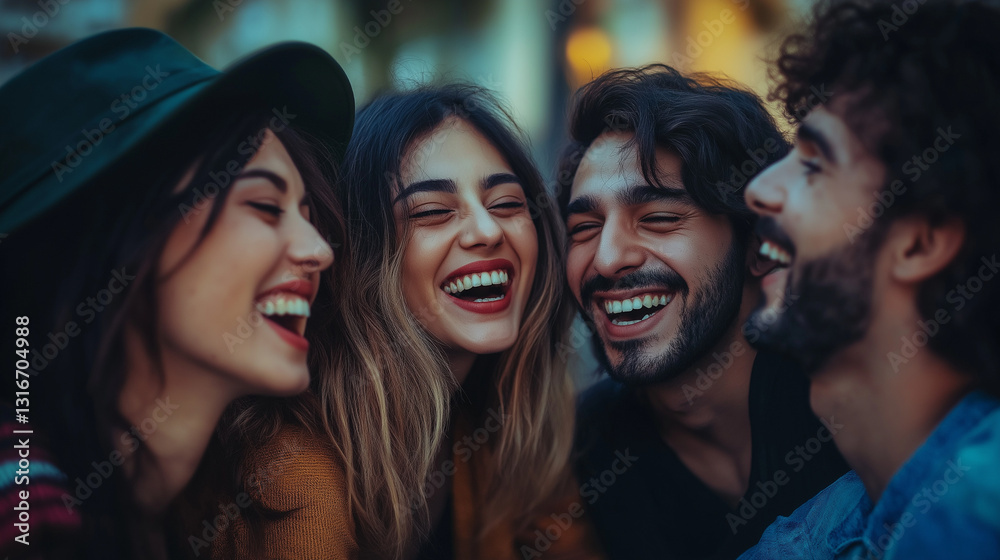 Group of friends sharing a joke, authentic expressions of happiness, cinematic tones, professional photography Group of friends sharing a joke, authentic expressions of happiness, cinematic tones, professional photography