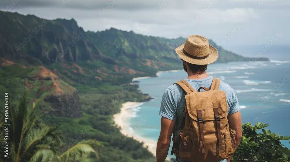 Scenic Landscape with Hiker Overlooking Island View in Nature Scenic Landscape with Hiker Overlooking Island View in Nature