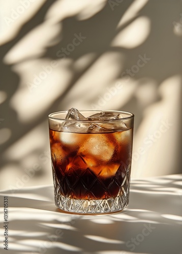 Refreshing Drink With Ice Cubes on a Table in Warm Afternoon Light