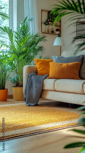 Cozy Living Room With Bright Sunlight Illuminating a Stylish Couch and Plants