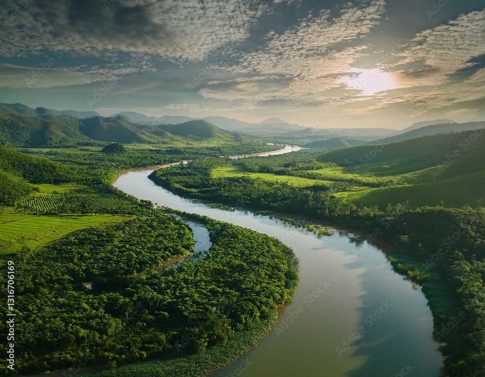 Fototapeta premium Fotografía profesional, tranquila belleza de un río serpenteante, deslizándose elegantemente a través de un panorama verde, sus aguas tranquilas refleja el mundo encantador que lo envuelve, 4k