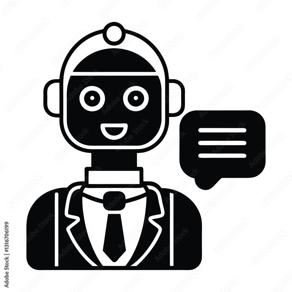 Illustration of a robot wearing a suit with a speech bubble containing lines nearby. Digital networks Graphic resource for design Illustration of a robot wearing a suit with a speech bubble containing lines nearby. Digital networks Graphic resource for design