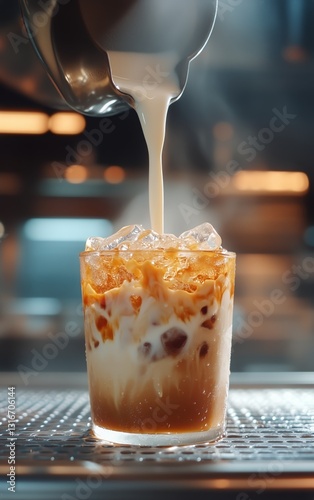 Pouring Milk Over Iced Coffee Topped With Caramel in a Cozy Cafe Atmosphere i...